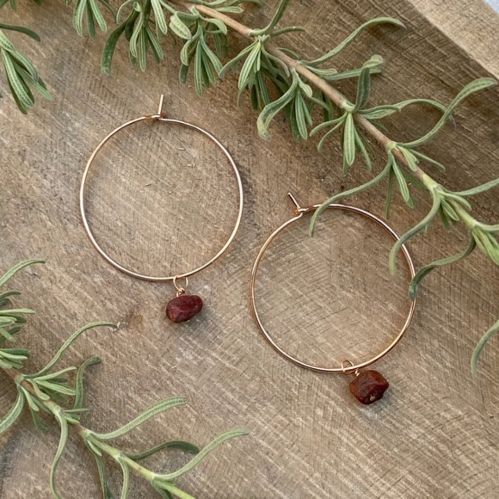 Raw Ruby Gold Hoop Boho Earrings